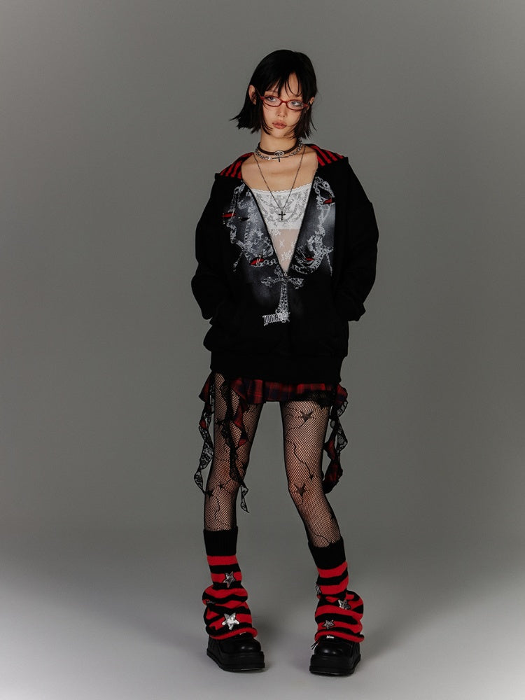 Y2K Black Distressed Holes Pin Accents Graphic Hoodie Faux Two-pieces