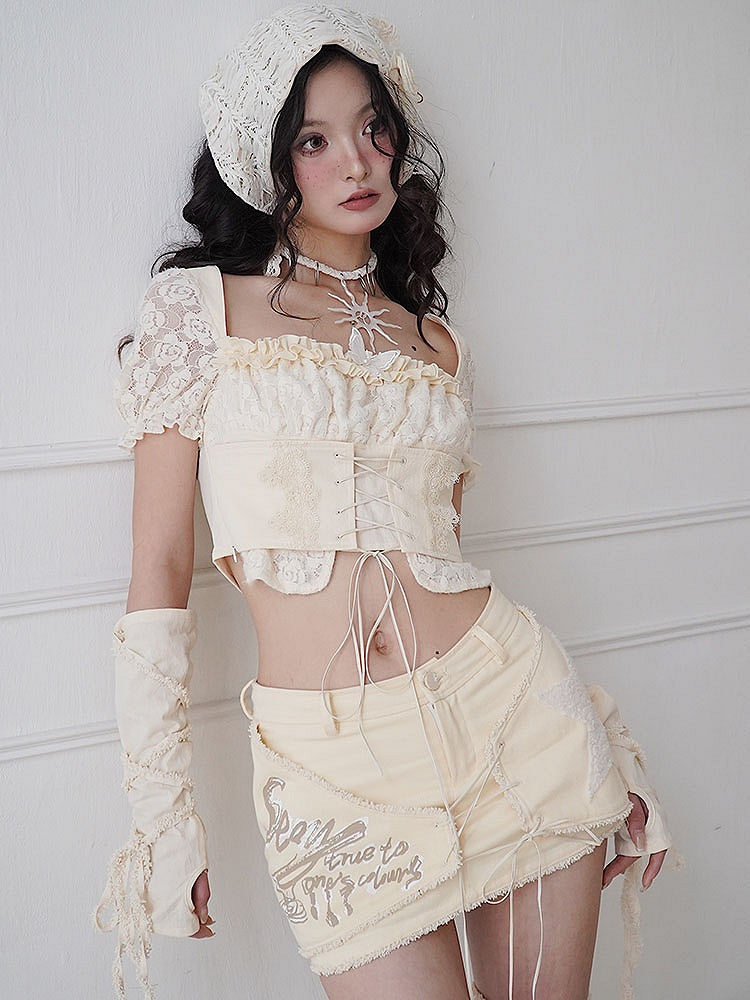 Butterfly Decorated Beige Lace-up Detail Puff Sleeves Top