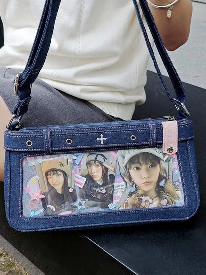 Dark Blue Cross Design Denim Ita Bag with Detachable Chain
