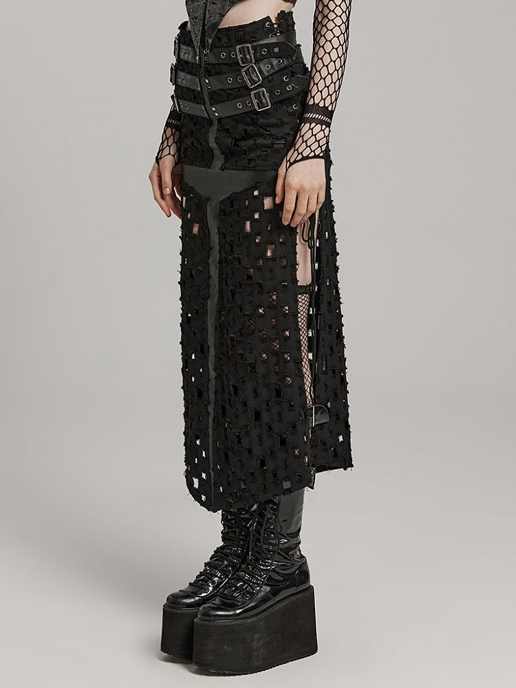 Black Punk Cross Hollowed Slit Skirt