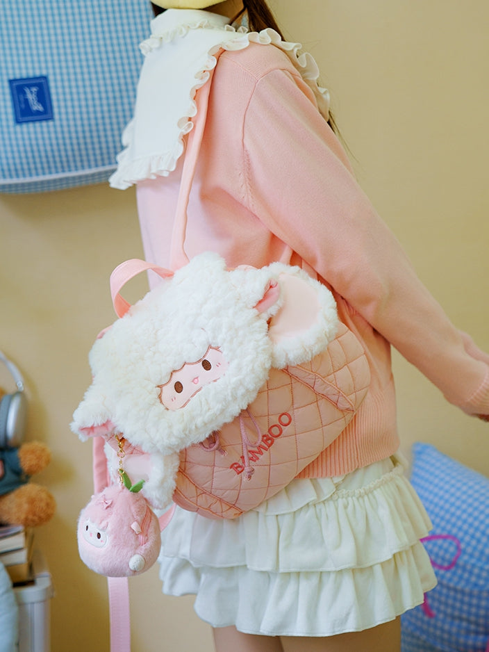 White&Pink Letter Embroidery Diamond Pattern Plush Lamb Flap Backpack