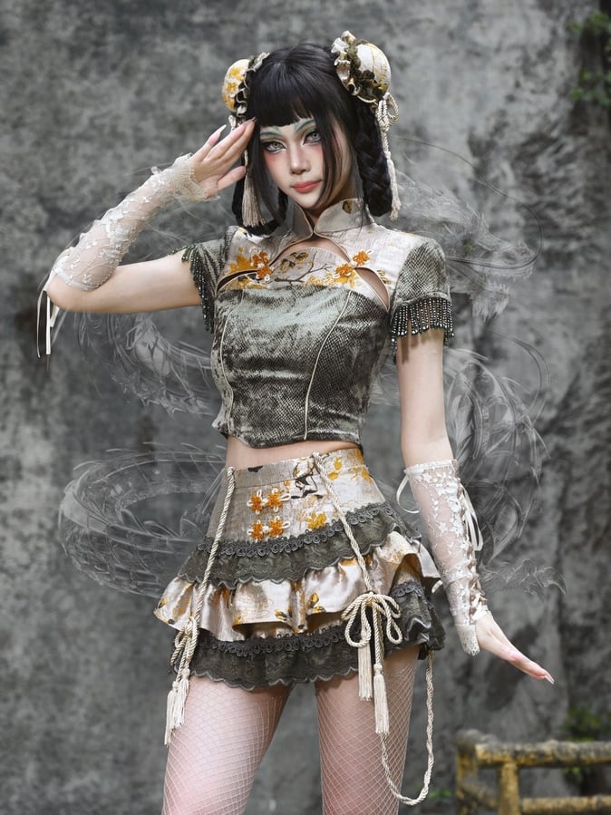 Clearance-Size L for Bust 88-94CM Dusty Green Cheongsam Style Collar Goth Top Bead Tassel Cuffs