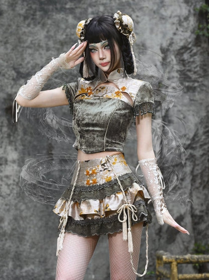 Clearance-Size L for Bust 88-94CM Dusty Green Cheongsam Style Collar Goth Top Bead Tassel Cuffs