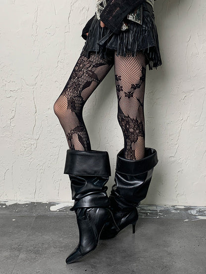 Black Y2K Floral Pattern Hollow-out Tights
