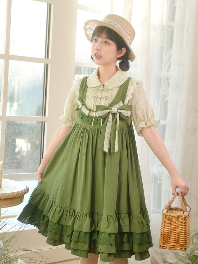 Green Ruffle Hem Sweet Overall Dress with Detachable Bowknot