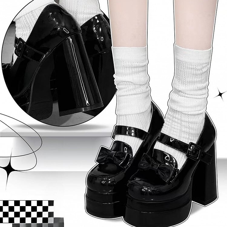 Bow at Top Black Platform Mary Janes High Block Heel