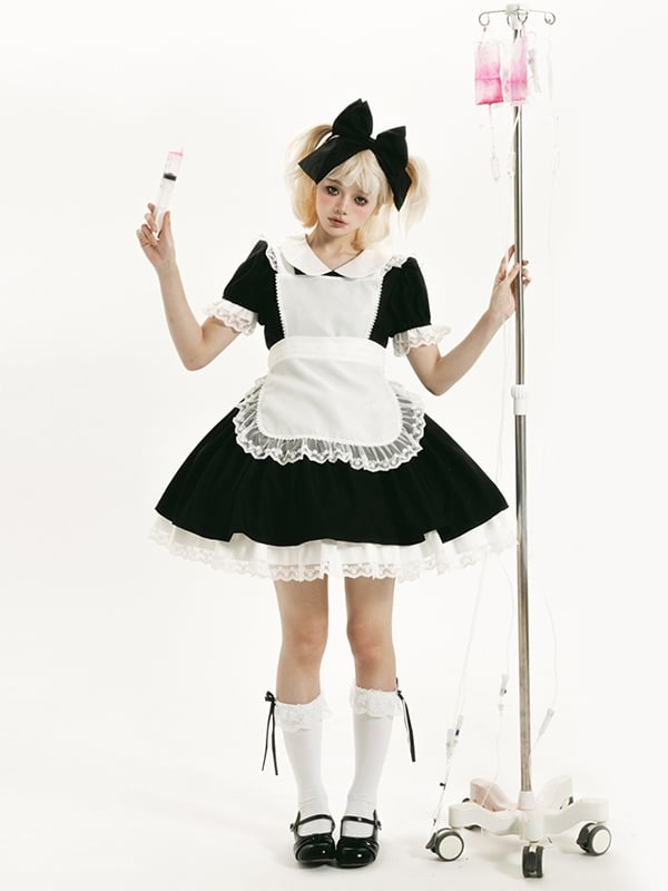 Plus Sizes Available Black Short Version Maid One Piece + Apron