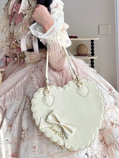 Sweet Yellow PU Leather Crossbody / Hand Bag - Heart-shaped Lolita Bag with Bow & Zipper