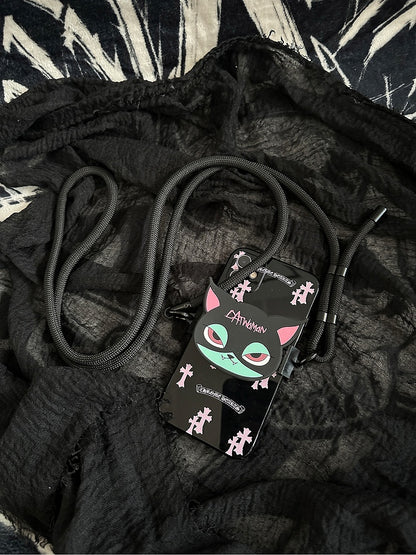 Black Pink and Green Cat Gothic Mobile Phone Back Clip With Crossbody Strap