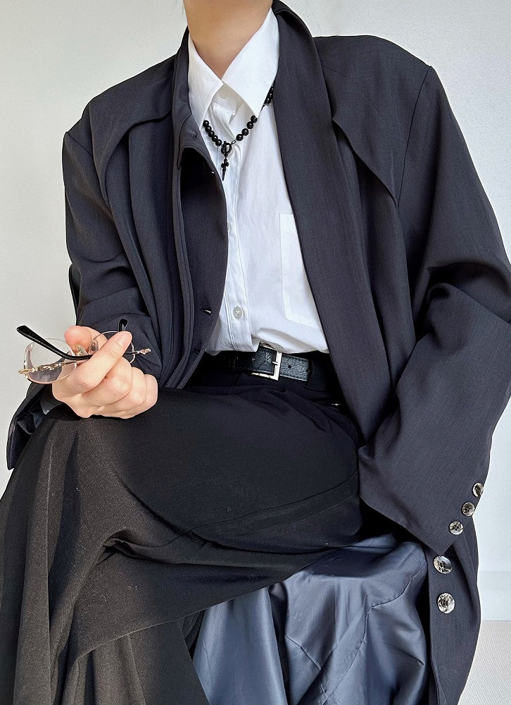 Ouji Lolita Gray Vintage Long Trench Coat with Button Cuffs & Tie Neck