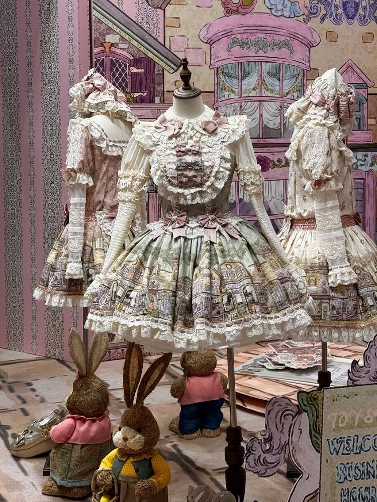 Green Flutter Sleeves Sweet Lolita JSK Dress with Fairytale Town Print and Bow Accents