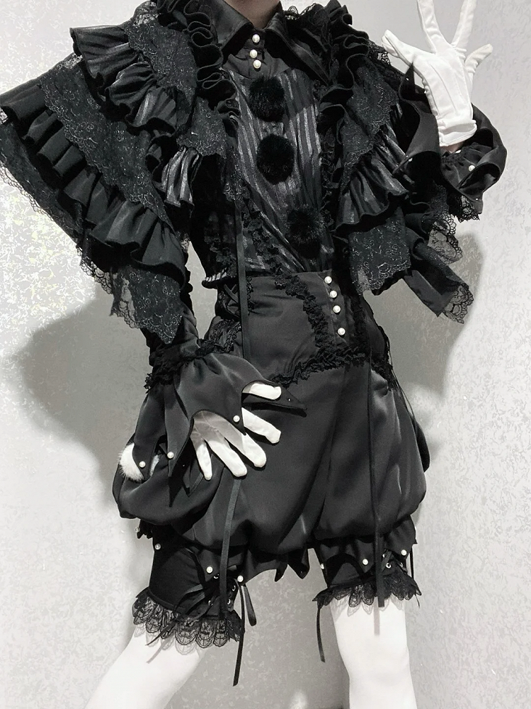 Circus Clown Vibes Ouji Lolita Outfit - Black Pointed Collar Shirt + Bloomer Shorts + Garters
