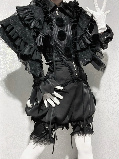 Circus Clown Vibes Ouji Lolita Outfit - Black Pointed Collar Shirt + Bloomer Shorts + Garters