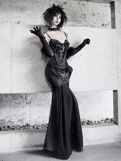 Black Victorian Bustier Bodice Spaghetti Straps Dress Evening Gown PU Leather Mermaid Dress