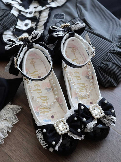 Black Beaded And Rhinestone Decorated Bow at Top Lace Trim Mary Janes With Detachable Beaded Chain