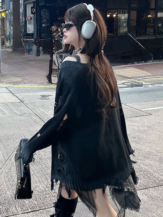 Plus Size Dark Grey Y2K Distressed Holes Loose Cardigan