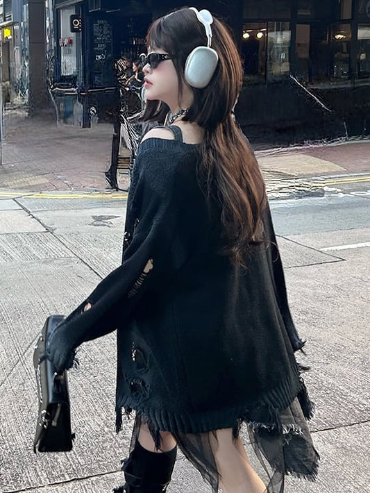 Plus Size Dark Grey Y2K Distressed Holes Loose Cardigan