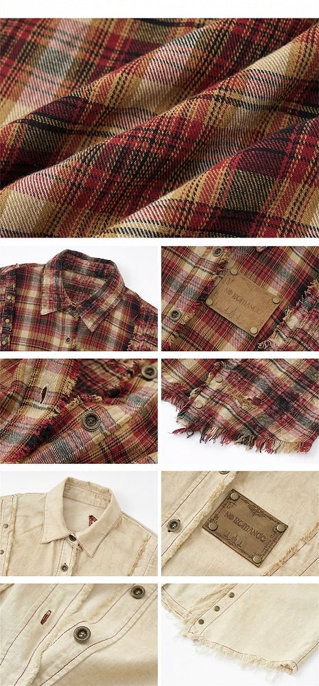 Red and Brown Plaid Punk Faded Wash Shirt Frayed Hem