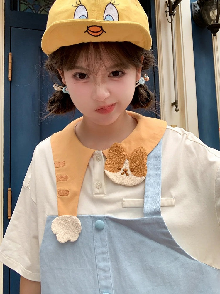 Adorable Kitty Collar Blue and White Colorblock Design Dress Faux Two-pieces