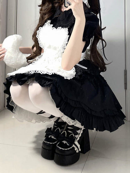 Cute Kitty Tails Black Bow at Top Punk Lolita Platform High Heels Lace-up at Ankle