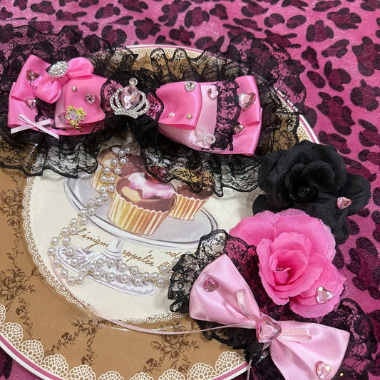 Two Black&Pink Rhinestone Heart And Crown Decorated Lace Trim Bead Chain Bowknot Hairclips With Dual Floral Hairclips