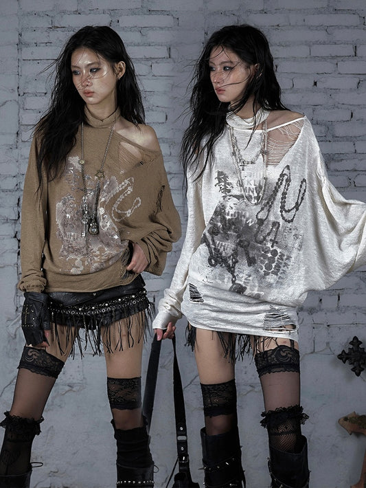 Beige/Khaki Wasteland Punk Distressed Holes Asymmetrical Neckline Sun Protection Top