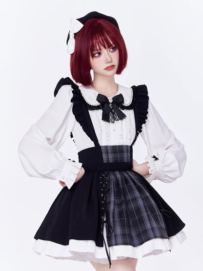 Black and Gray Plaid Jirai Kei Skirt with Removable Straps