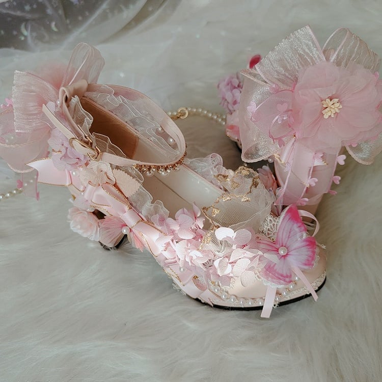 Pink Sakura Hime Lolita Shoes Bow Accents Butterfly Decorated Princess High Heels