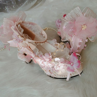 Pink Sakura Hime Lolita Shoes Bow Accents Butterfly Decorated Princess High Heels