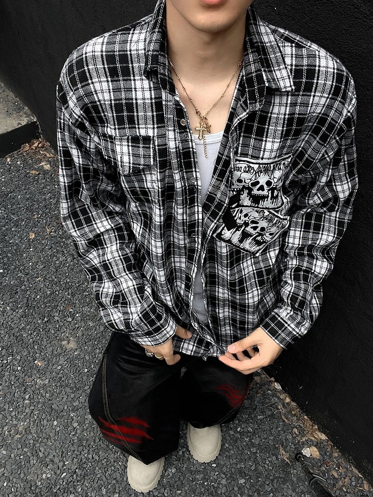 Punk Rock Skeleton and Cross Appliques Black & White Plaid Shirt