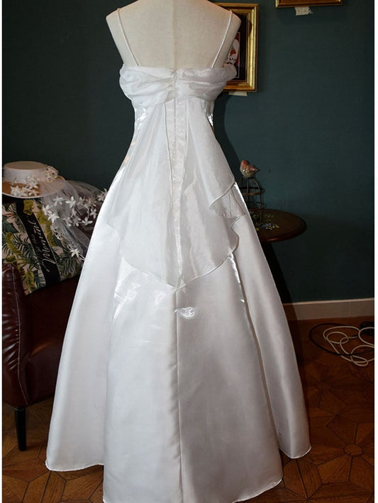White Vintage Fairycore Shimmering Satin Spaghetti Straps Gown Wedding Dress