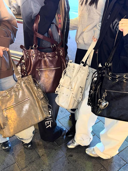 White Soft Tote Bag With Large Capacity&Stud Details