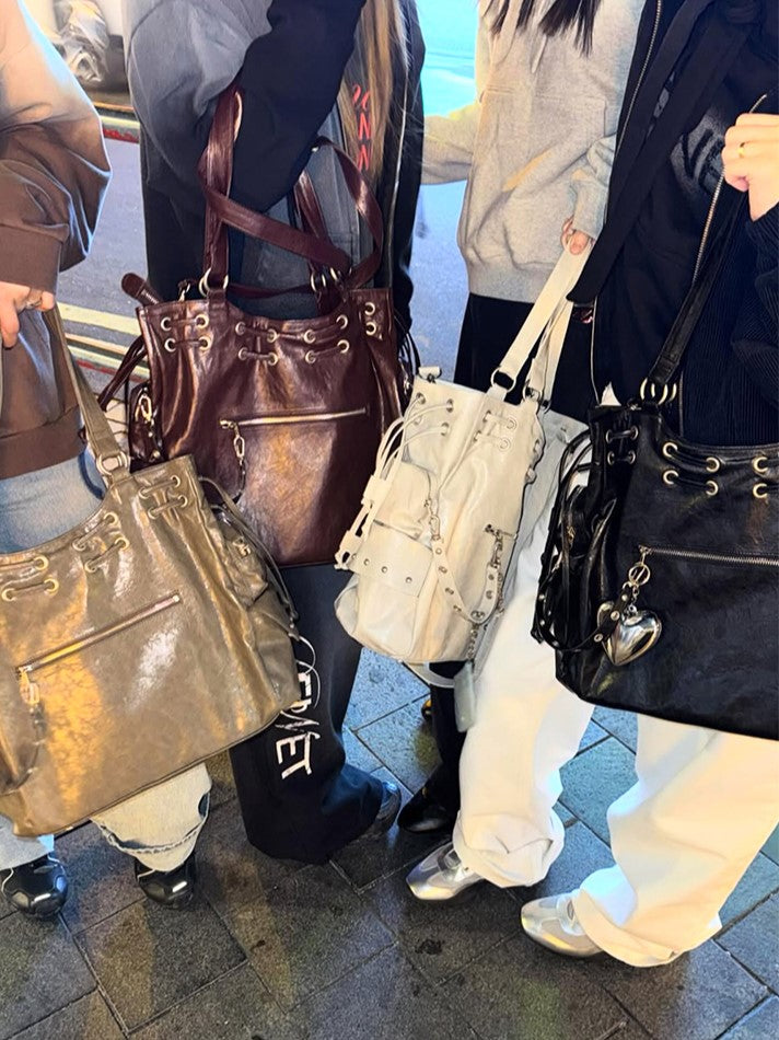 White Soft Tote Bag With Large Capacity&Stud Details