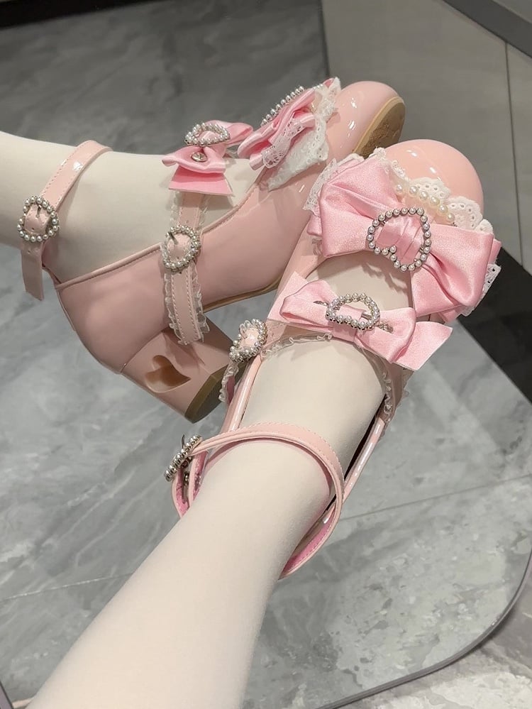 Pink Bow at Top Heart Cut-out Heels Mary Janes