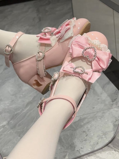 Pink Bow at Top Heart Cut-out Heels Mary Janes