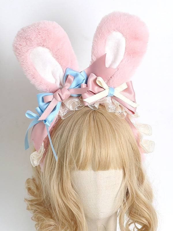 Cute Lolita Pink & Blue Bowknot Details KC with Pink Plush Bunny Ears