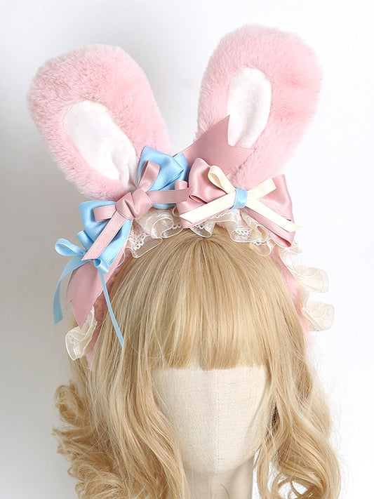 Cute Lolita Pink & Blue Bowknot Details KC with Pink Plush Bunny Ears