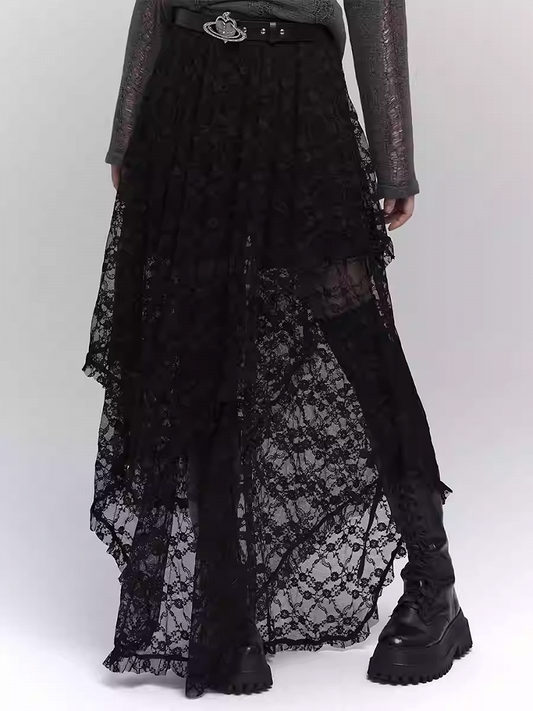 Black Semi-Sheer Floor Length Asymmetrical Lace Skirt