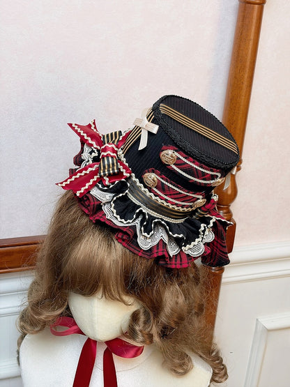 Black & Red Ruffled Lolita Mini Hat with Gold-tone Button and Bow Accents