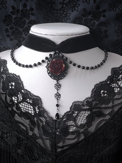 Black Beads Detail Gothic Rosette Velvet Choker