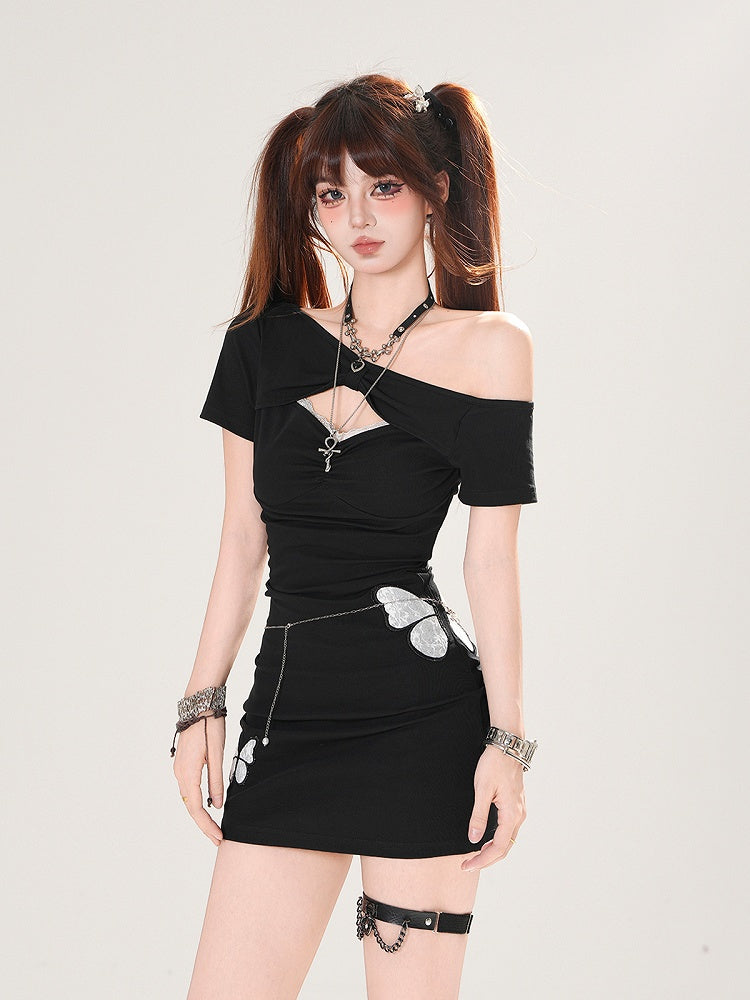 Asymmetrical Neckline Lace Butterfly Appliques Black Mini Bodycon Dress