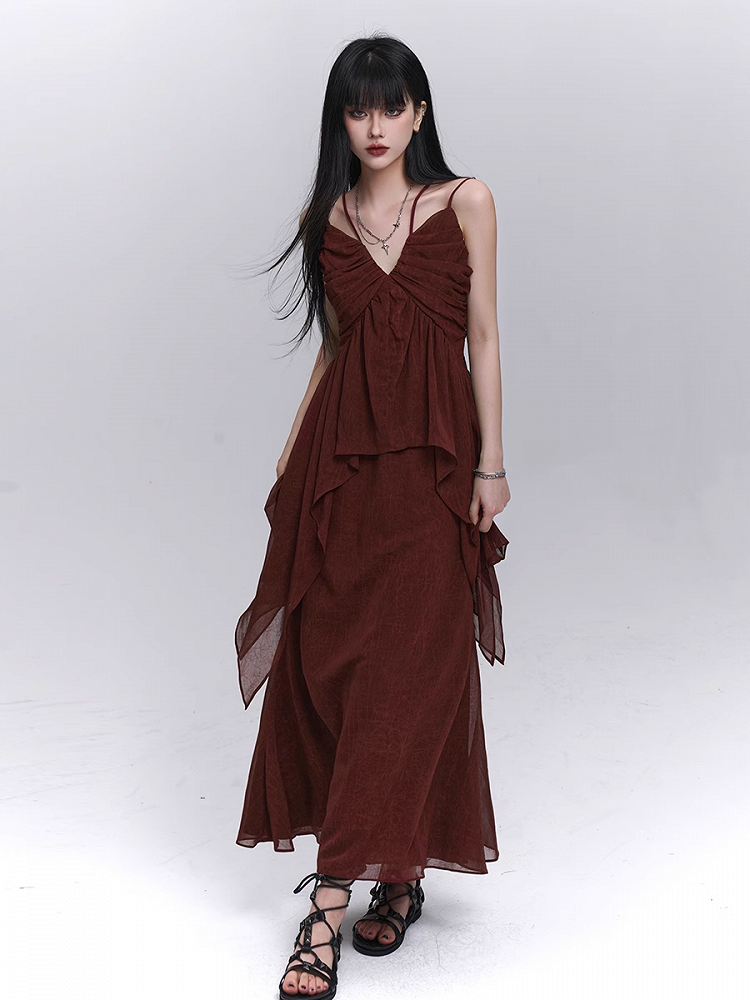 Dark Red V-neck Handkerchief Hem Cami Top