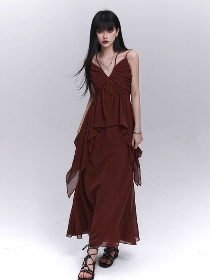 Dark Red Elastic Waist Ankle Length Skirt