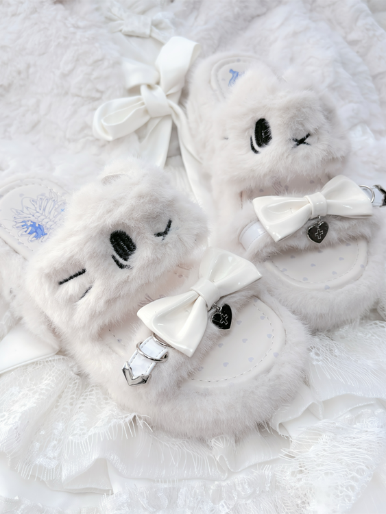 White Jirai Kei Platform Slippers: Plush Kitten Embroidery with Bow & Heart Charm