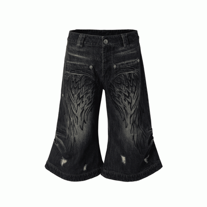 Blue/Yellow Faded Wash Distressed Holes Angel Wing Embroidery Vintage Punk Wide-leg Jeans