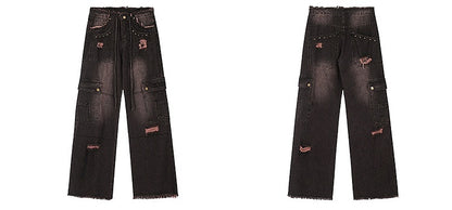 Clearance-Size XL for Waist 77.5CM Black and Pink High Waist Frayed Hem Wide Leg High Street Jeans