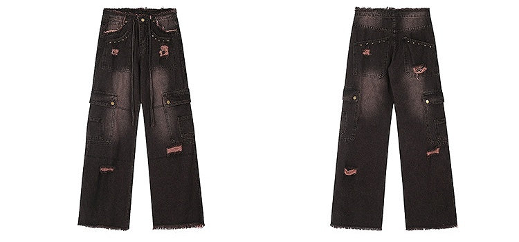 Clearance-Size XL for Waist 77.5CM Black and Pink High Waist Frayed Hem Wide Leg High Street Jeans