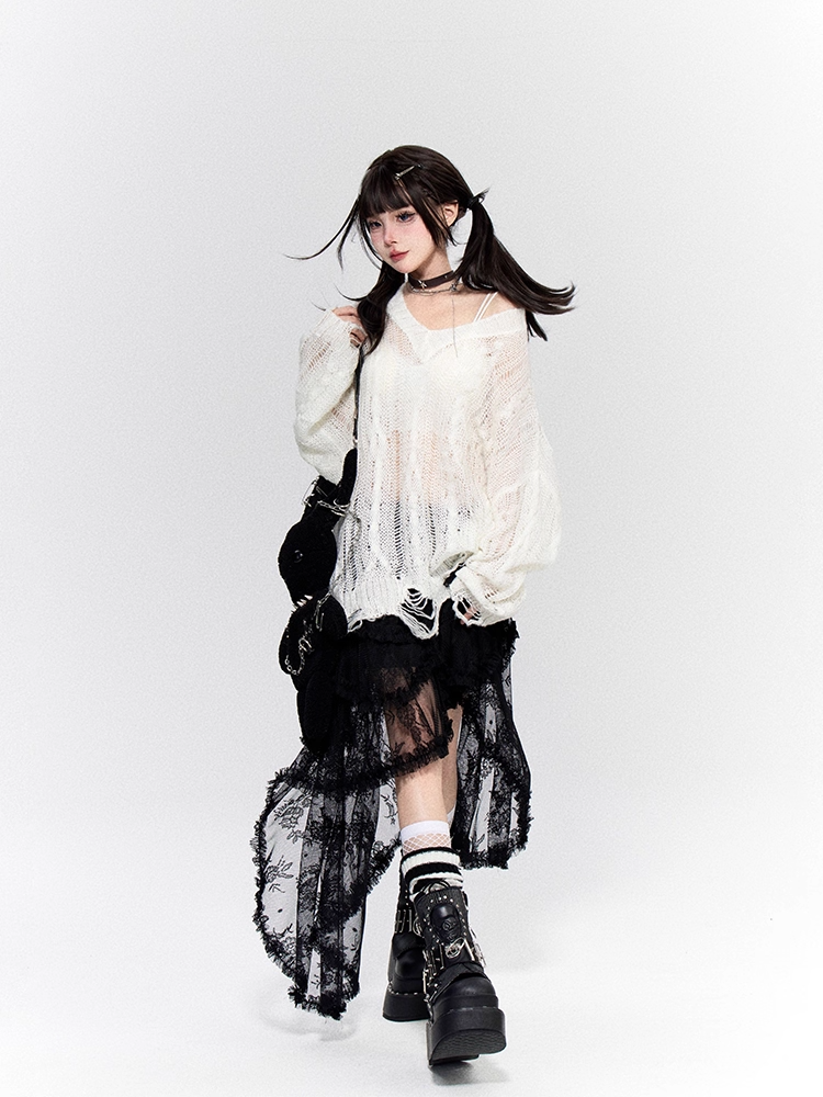 White V-neck Distressed Holes Hollow-out Coverup