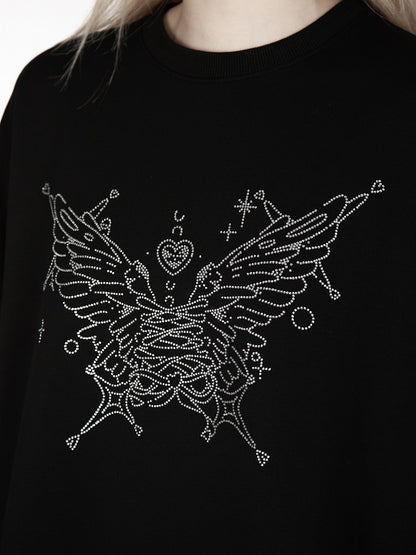Black Rhinestone Butterfly Loose Sweatshirt