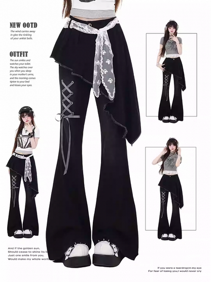 Black Asymmetrical Hem Lace-up Detail Flared Pants Faux Two-Piece with Lace Waist Belt